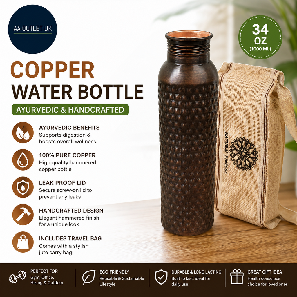 Copper Water Bottle Drinking Ayurvedic Hammered Bottle 34 Oz Reusable