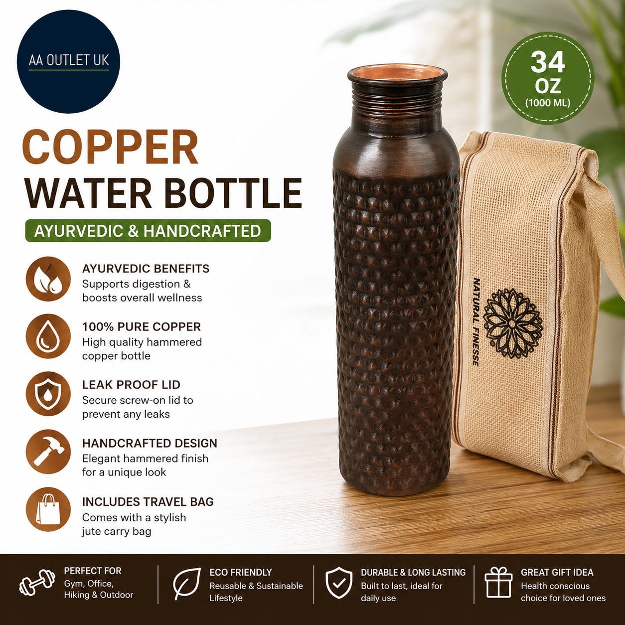Copper Water Bottle Drinking Ayurvedic Hammered Bottle 34 Oz Reusable