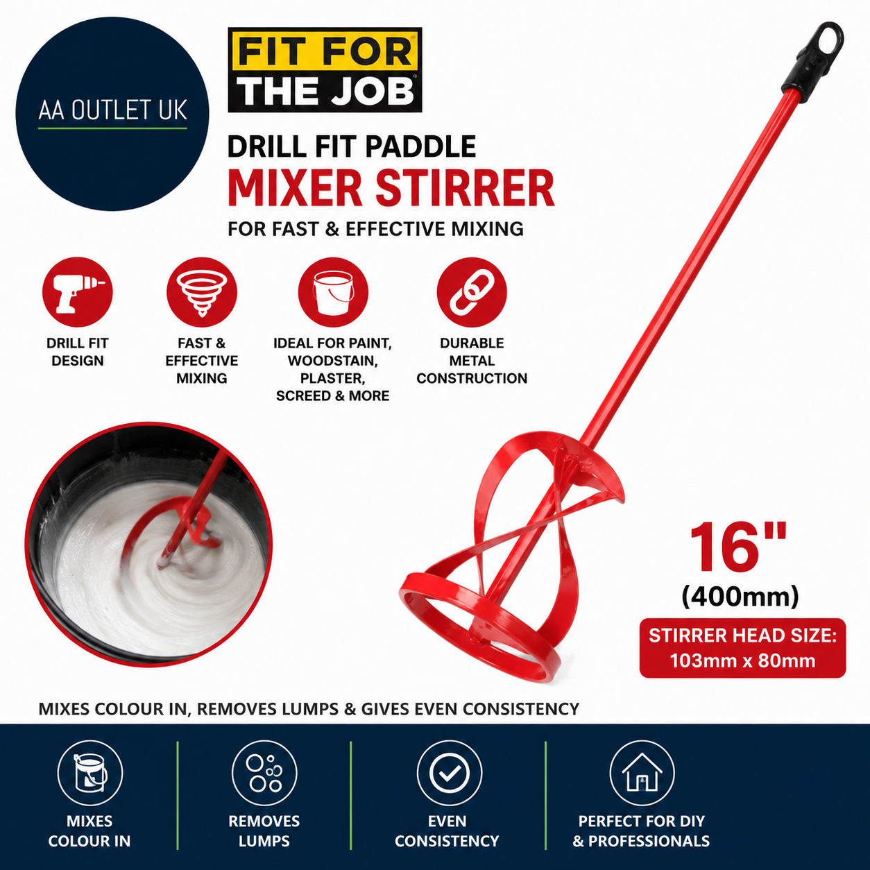 Fit For The Job 16in 400mm Drill Paddle Mixer Stirrer Fast Effective Mixing