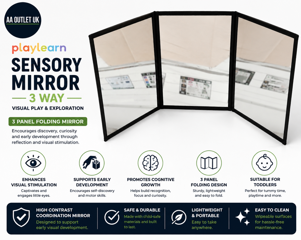 Playlearn Sensory Mirror 3 Way Visual Play Exploration 3 Panel Folding Black