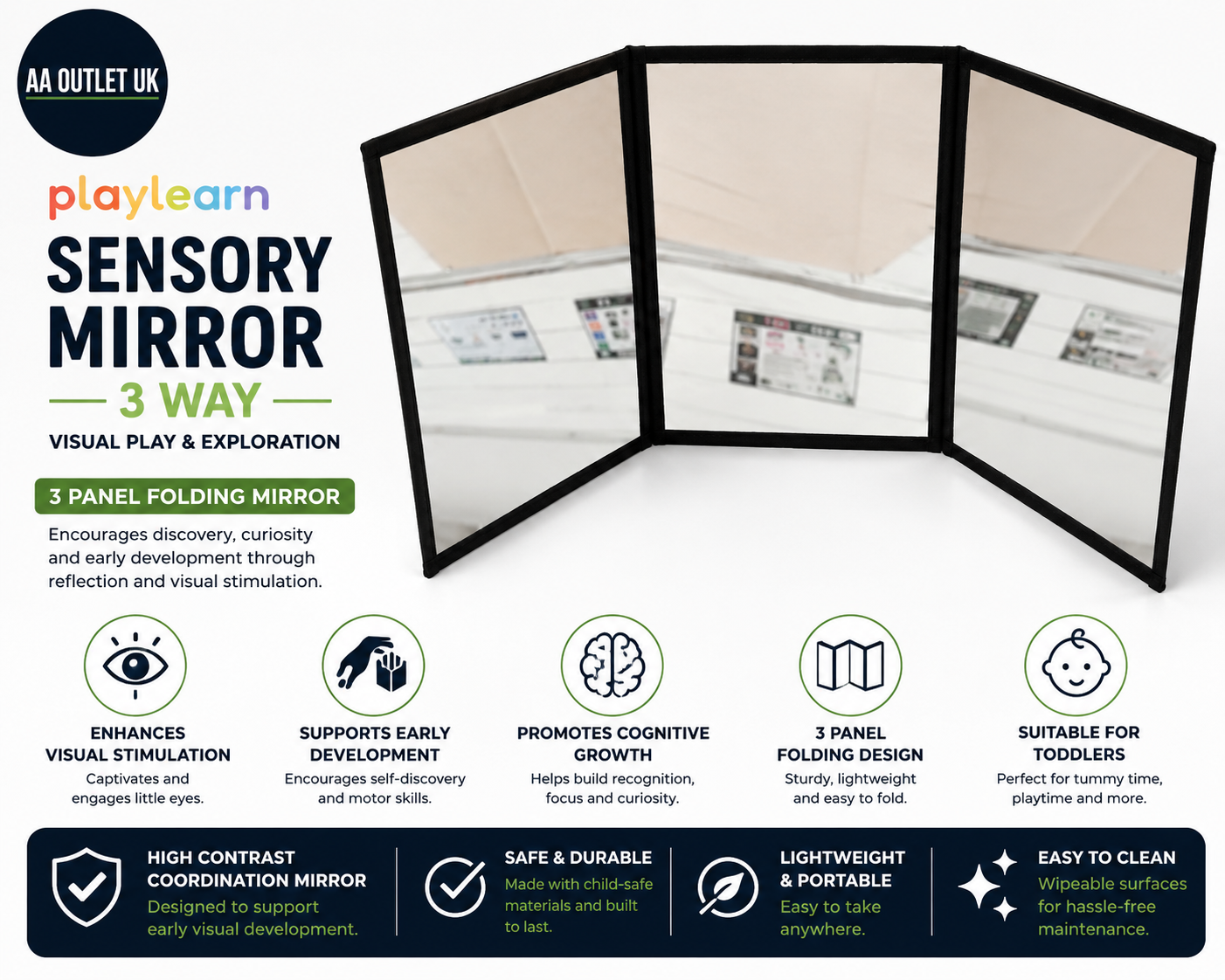 Playlearn Sensory Mirror 3 Way Visual Play Exploration 3 Panel Folding Black