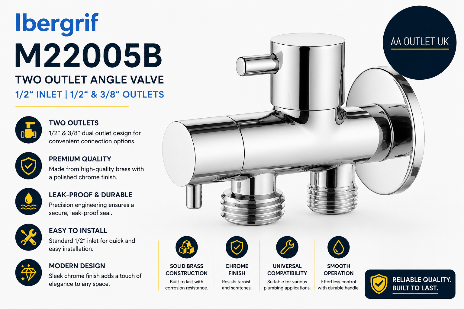 Ibergrif M22005B Two Outlet Angle Valve 1/2 3/8in Chrome Silver