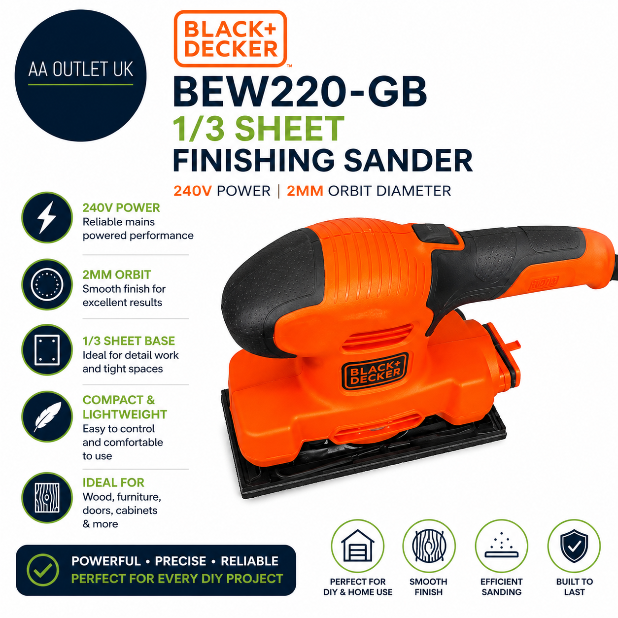 BLACK+DECKER BEW220 GB 240V 1/3 Sheet Finishing Sander 2mm Orbit Diameter