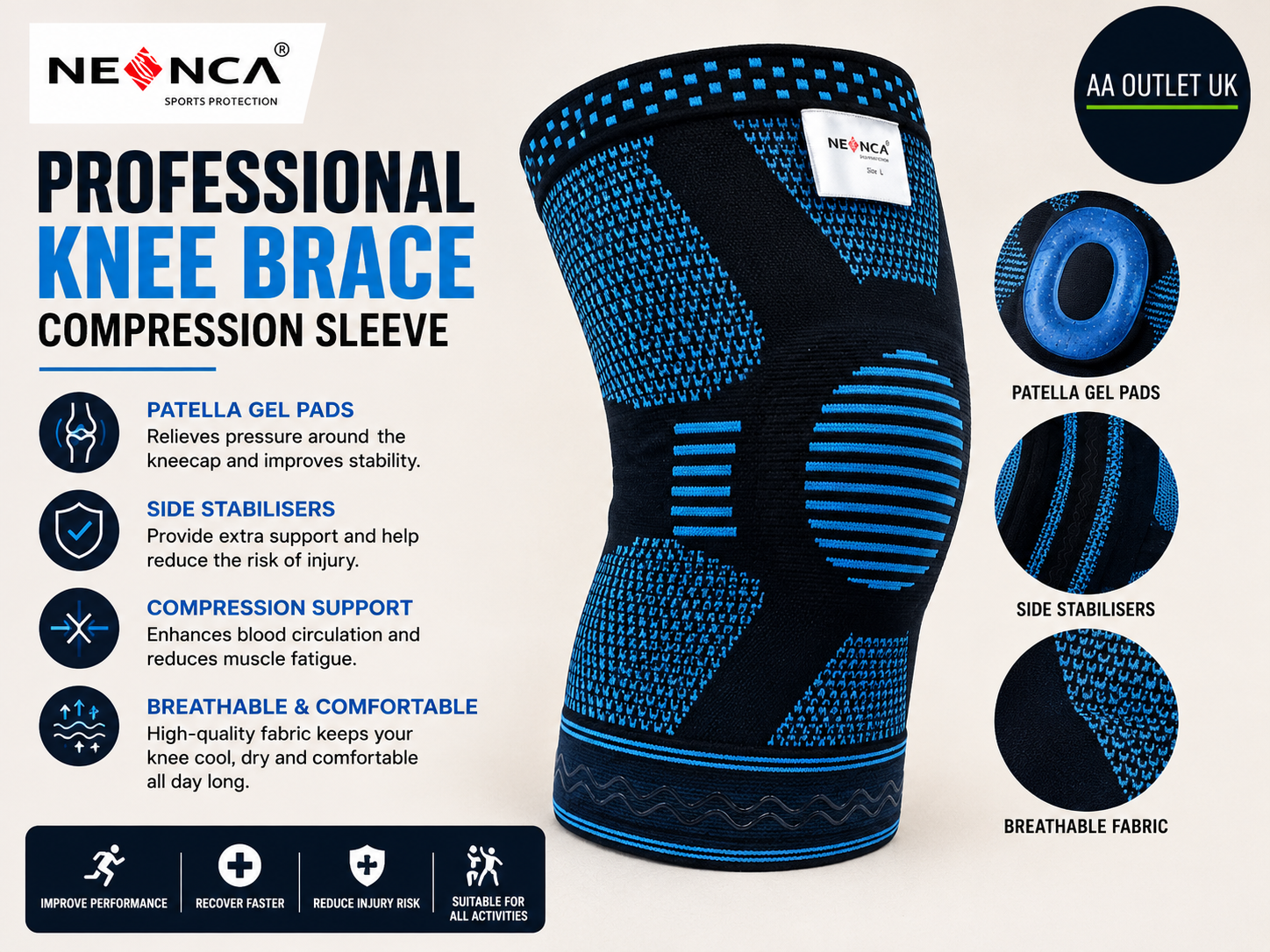 NEENCA Professional Knee Brace Compression Sleeve Patella Gel Pads Side Durable