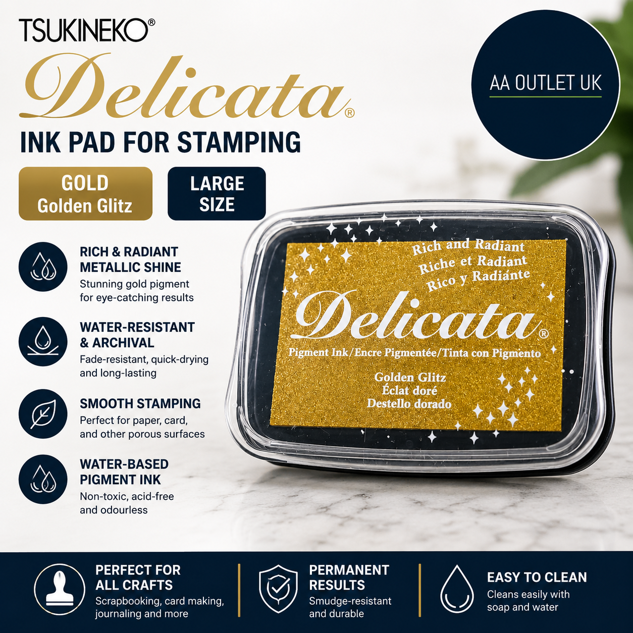 Tsukineko Delicata Ink Pad Stamping Gold Glitz Large Water Base Archival