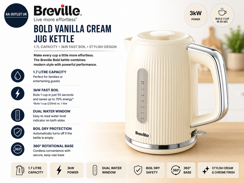 Breville VKT223 Bold Vanilla Cream Silver Electric Kettle 1.7L 3kW Fast Boil