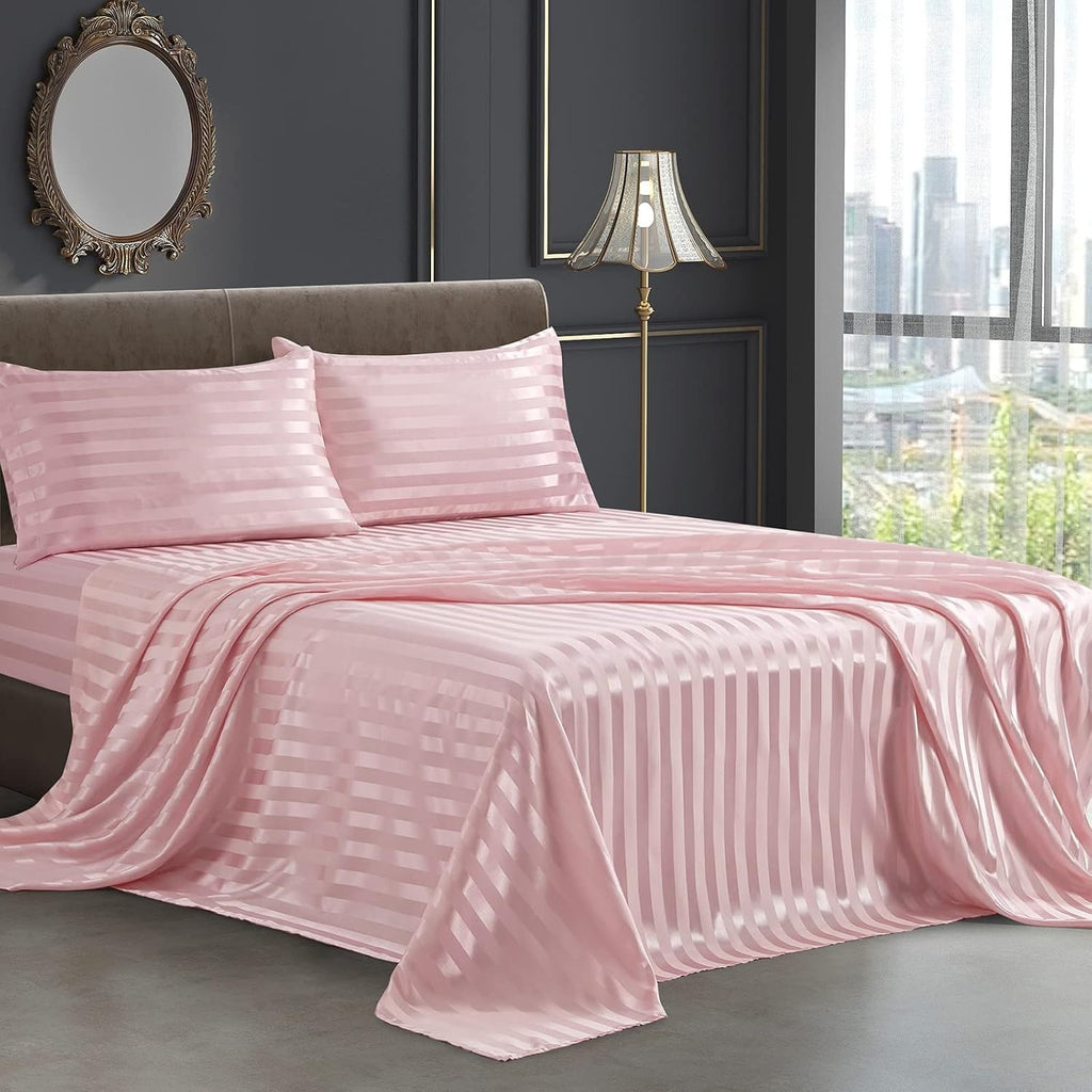 SiinvdaBZX 4 Pieces Satin Sheets Stripe Printed Queen Italian Style Silky Soft
