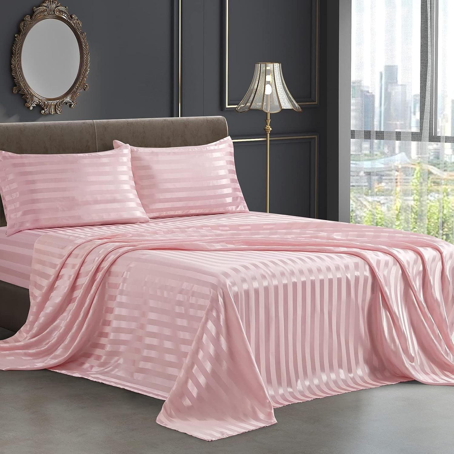 SiinvdaBZX 4 Pieces Satin Sheets Stripe Printed Queen Italian Style Silky Soft