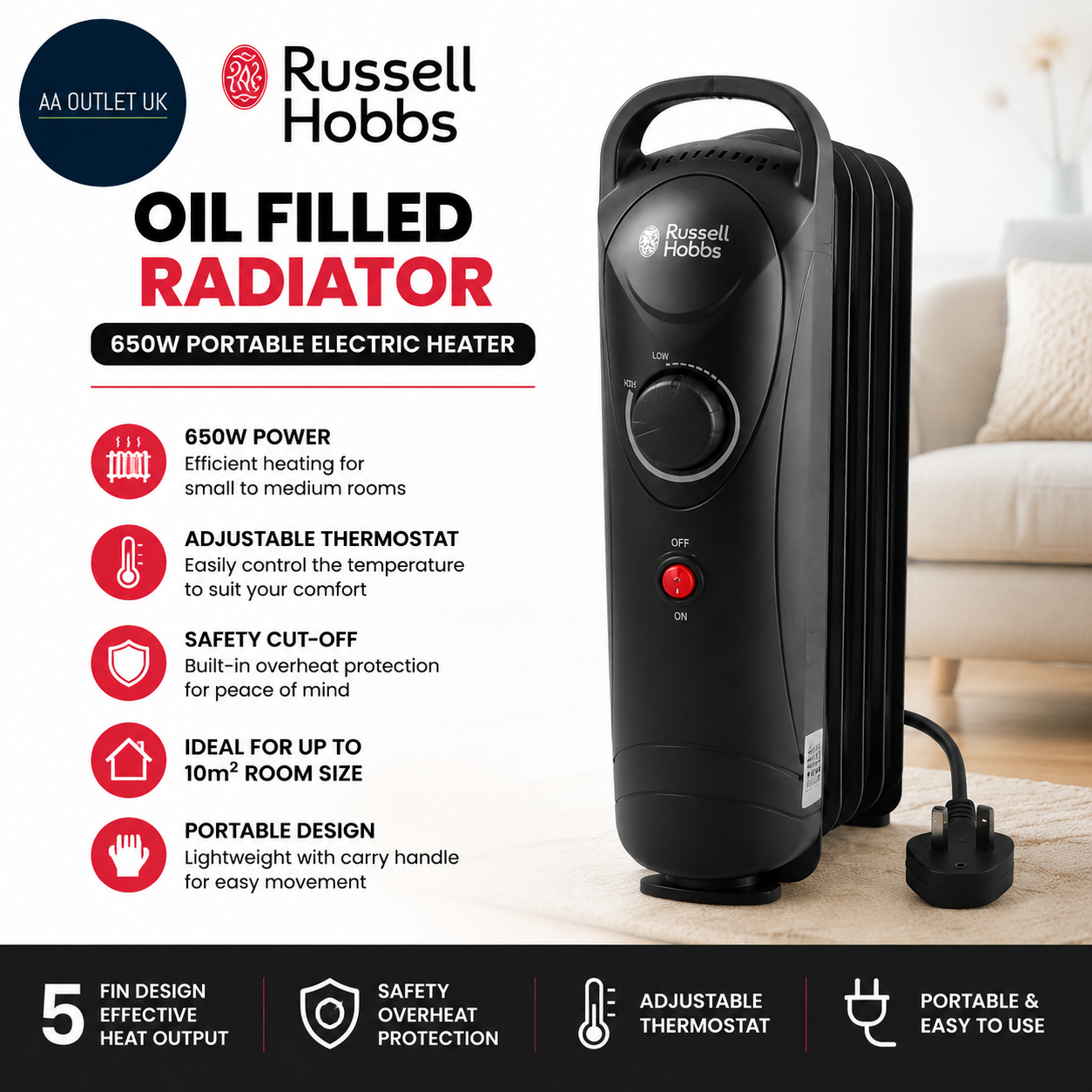 Russell Hobbs 650W Oil Filled Radiator 5 Fin Portable Electric Heater Black