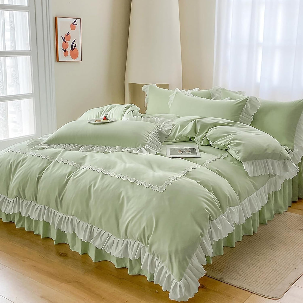 Ruffle King Size Duvet Cover Green Ruffle Flower Design 220x230cm Bedding