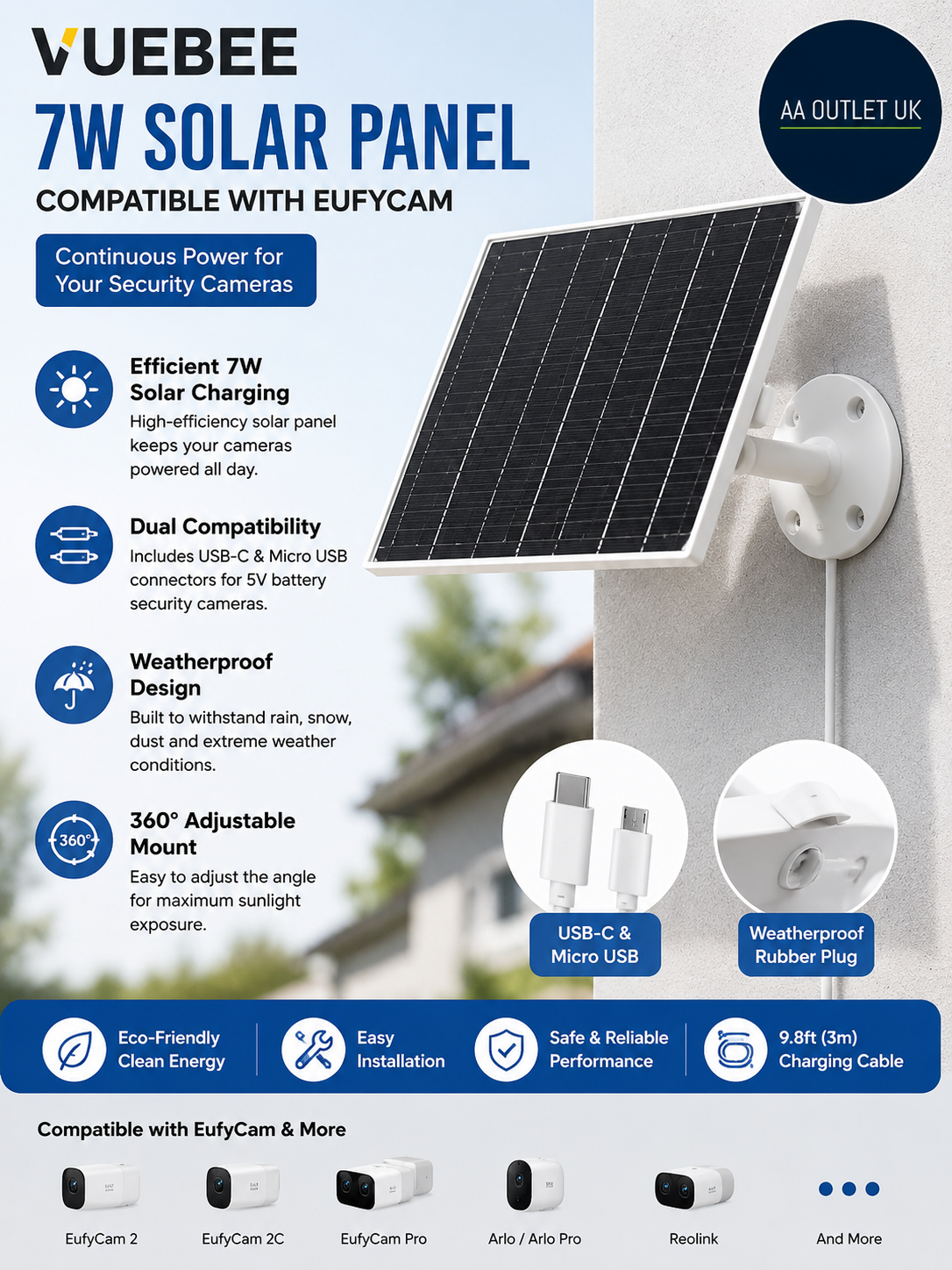 Vuebee 7W Solar Panel Compatible EufyCam USB C Micro USB Solar Charger