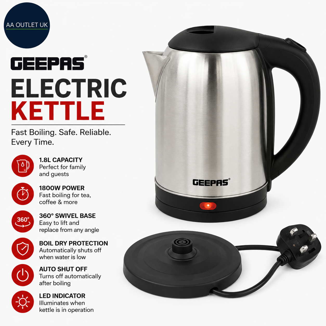 GEEPAS Electric Kettle 1.8L Cordless Stainless Steel Jug LED Indicator 1800W
