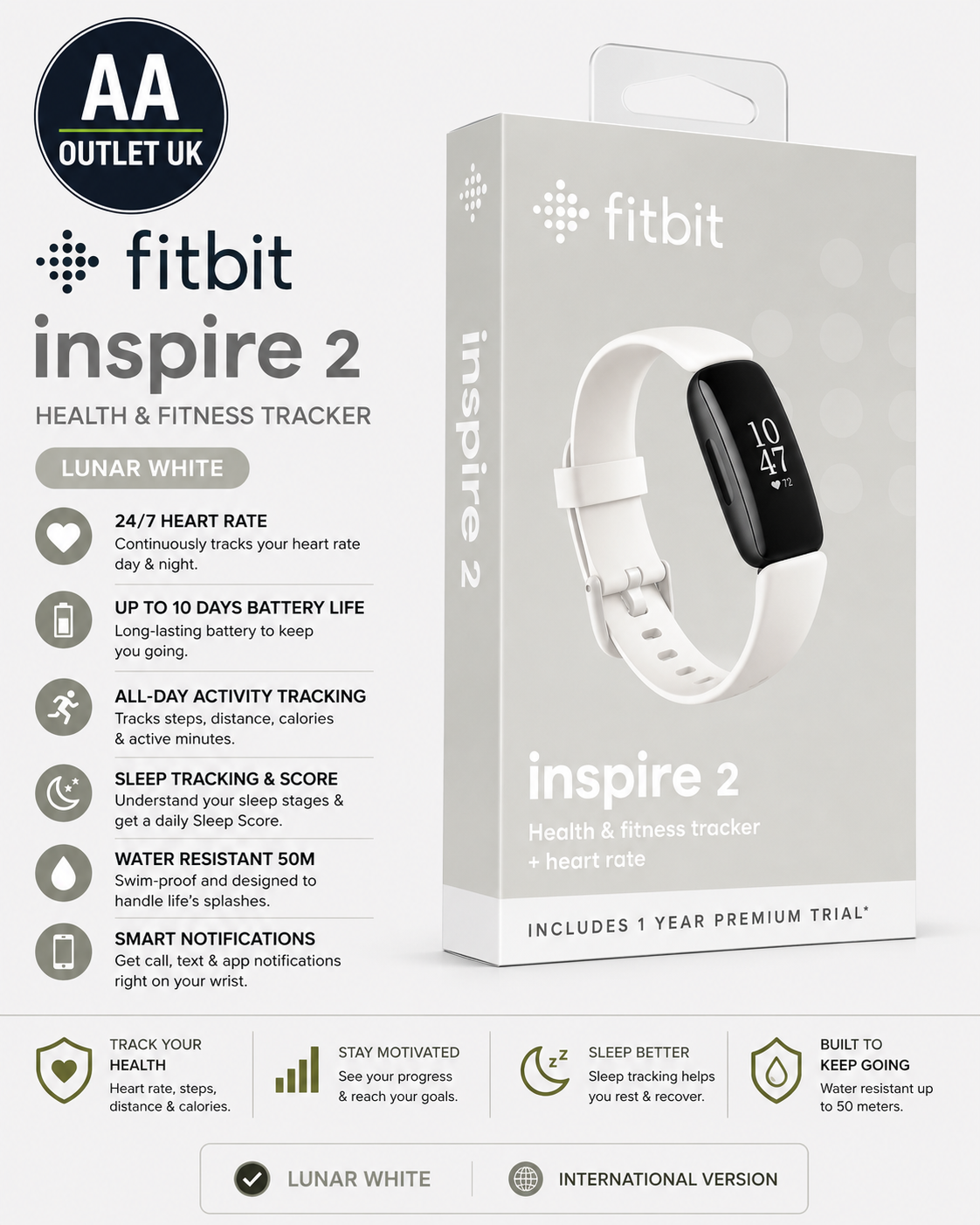Fitbit Inspire 2 Health & Fitness Tracker 24/7 Heart Rate 10 Days Battery