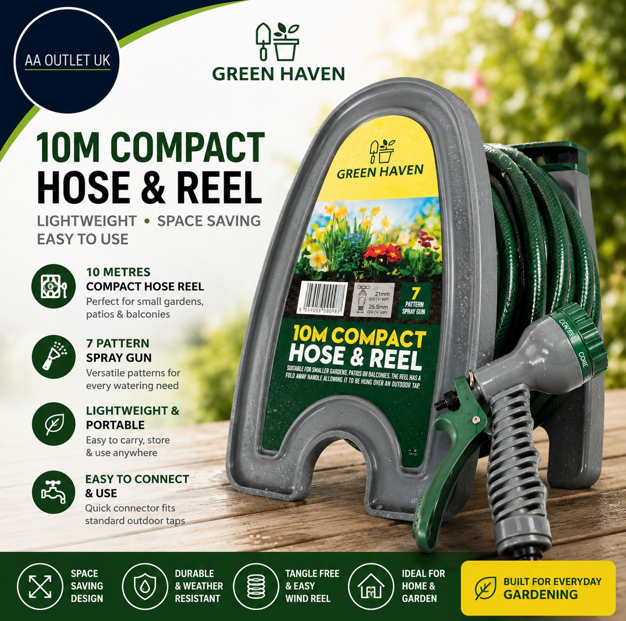 Green Haven Garden Hose Pipe Reel 10m 32ft Lightweight Compact 7 Pattern Spray