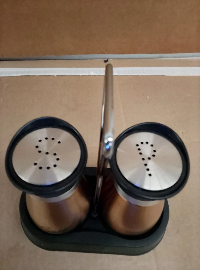 HZPZPP  Salt Pepper Shakers Holder Set 2 Stainless Steel Glass Gold New