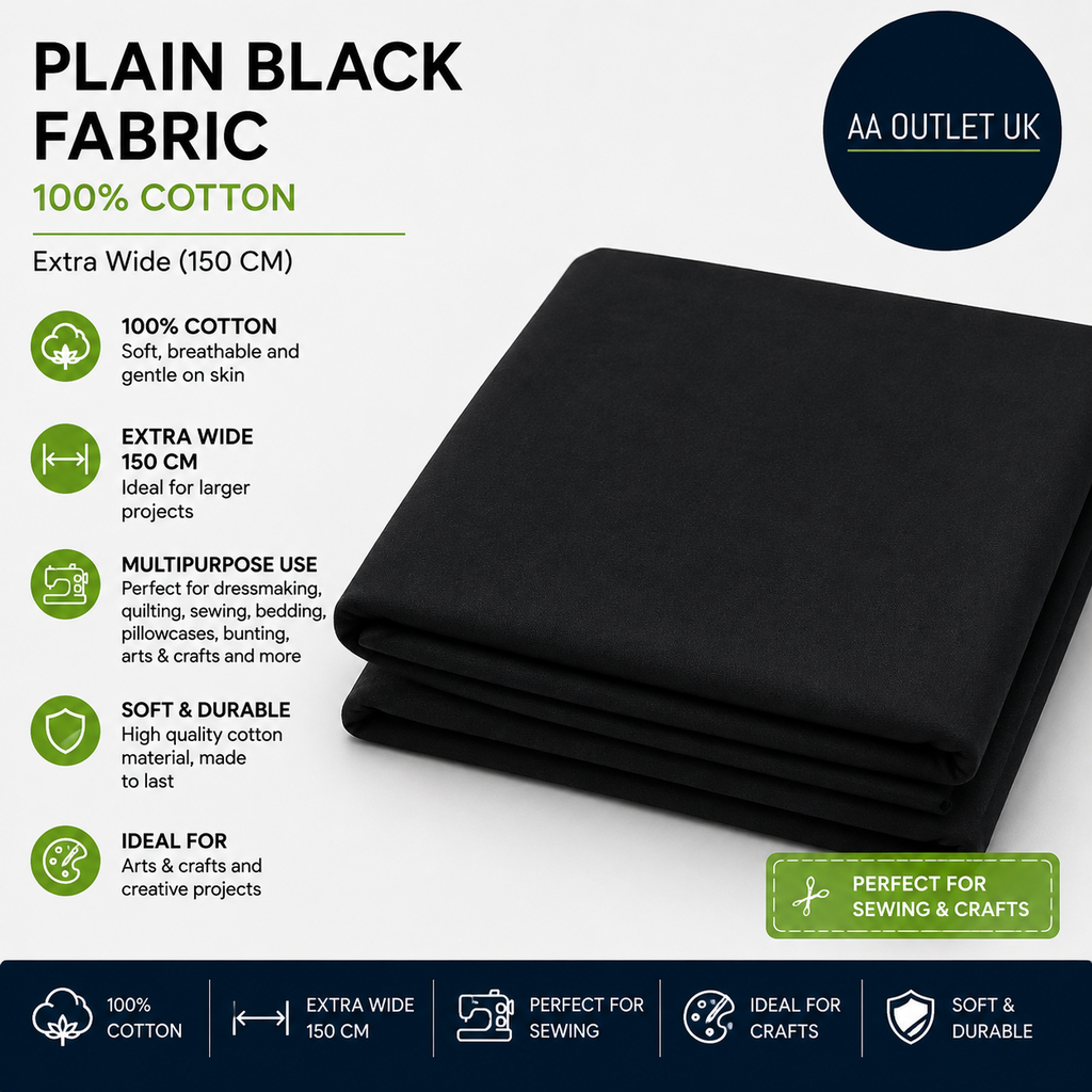 Plain Black Fabric 100% Cotton Extra Wide 150cm Ideal Arts & Crafts Dressmaking