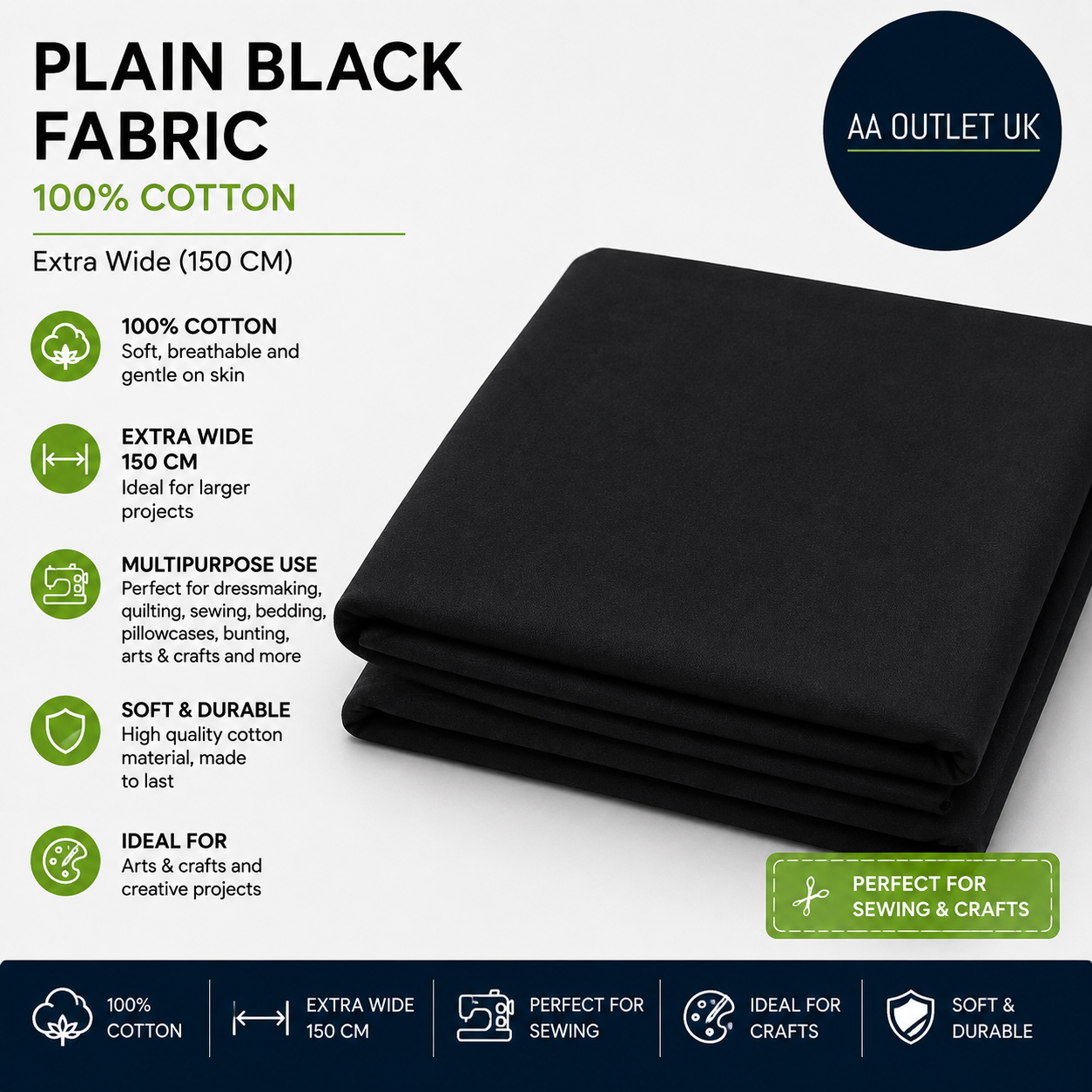 Plain Black Fabric 100% Cotton Extra Wide 150cm Ideal Arts & Crafts Dressmaking