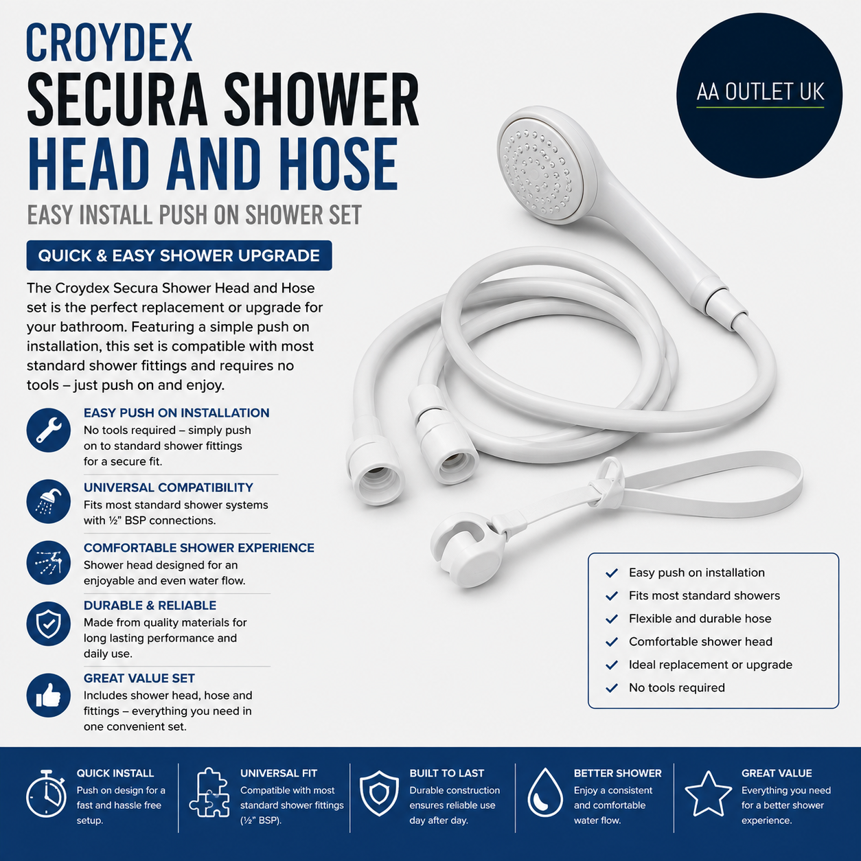 Croydex Secura Shower Head Easy Install Push On 1750mm Hose Length Wall Mounted