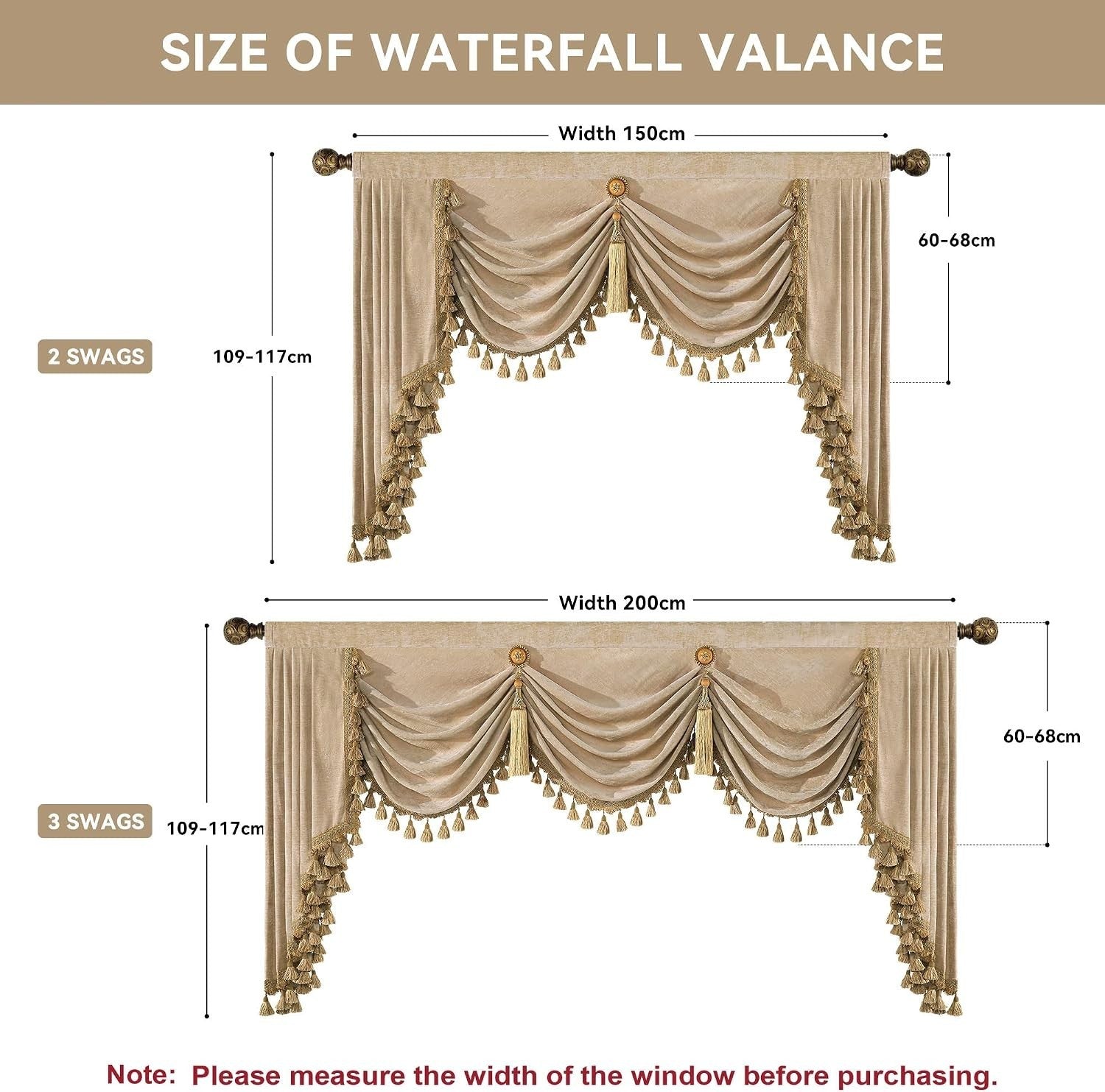 Topluxe Swag Valance Windows Chenille Beige Waterfall Tassels 114x200cm New
