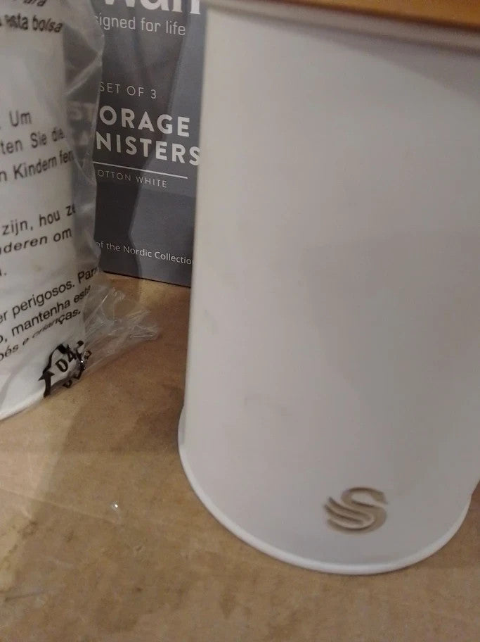 Swan 3 Nordic Scandi Storage Tea Coffee Sugar Canisters Cotton White Steel