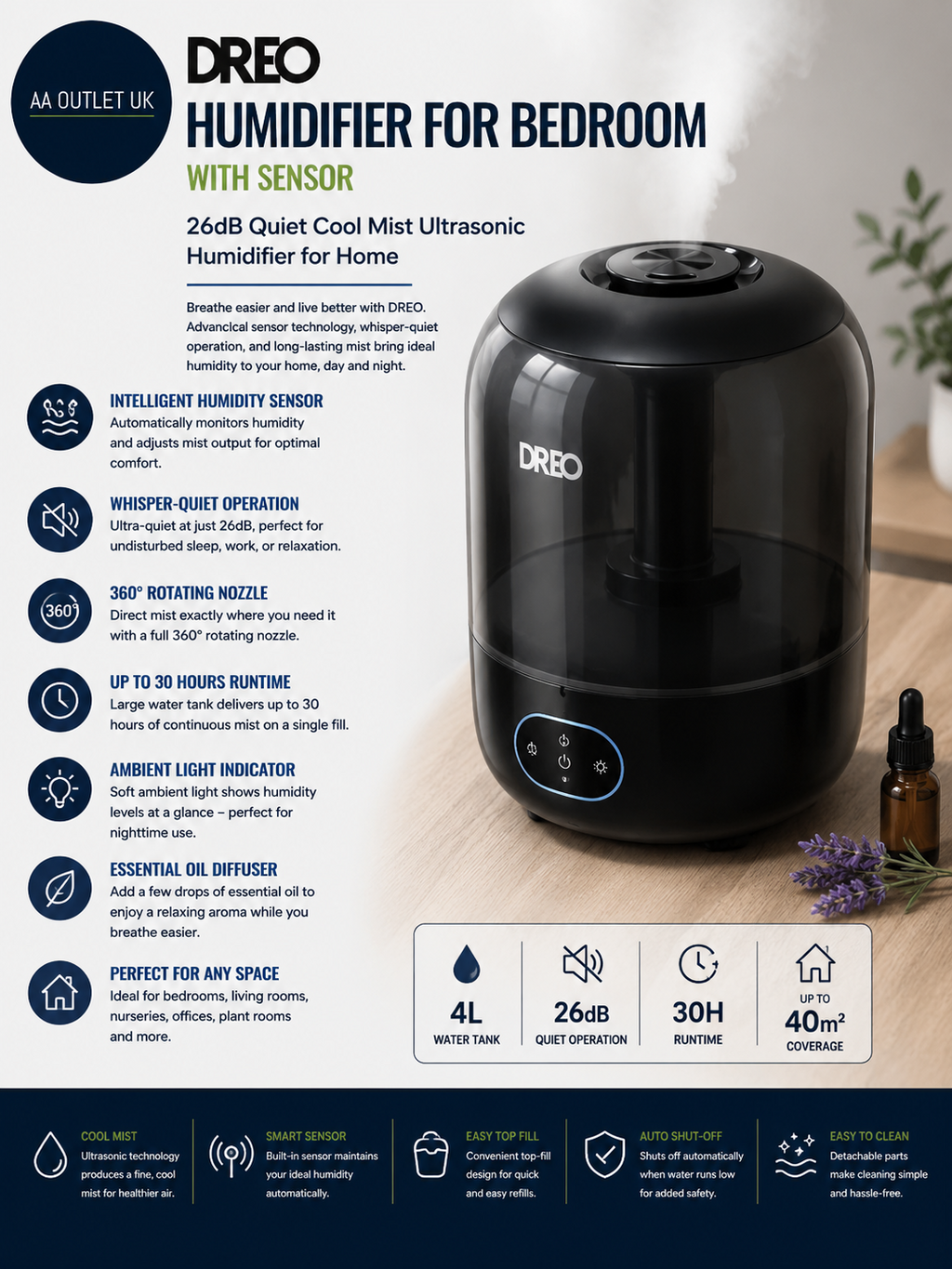 Dreo Humidifier Bedroom Sensor 26dB Quiet Cool Mist Ultrasonic 360° 30H Runtime