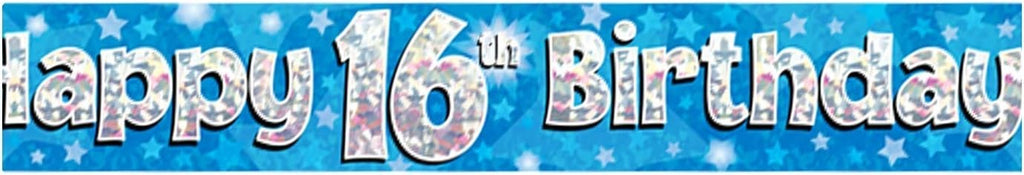 OakTree 9ft Banner Happy 16th Birthday Blue Holographic Foldable New