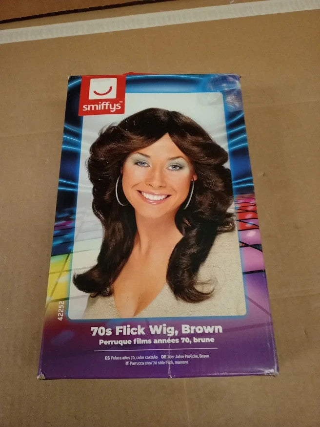 Smiffys 70s Flick Wig Brown Long Wavy Layered Disco Fancy Dress Costume Design