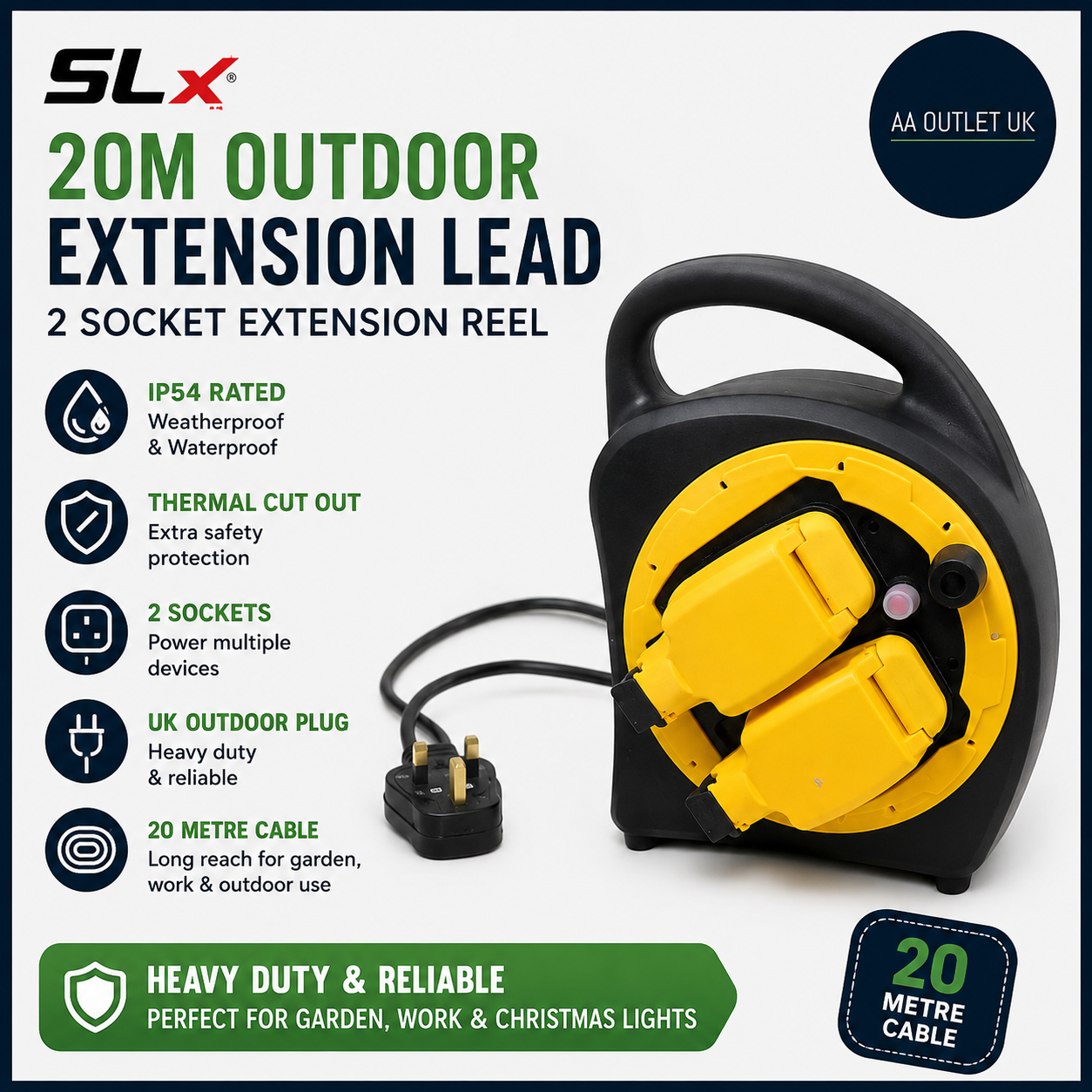 Slx Outdoor Extension Lead Waterproof 20m 2 Socket Reel Heavy Duty Cable