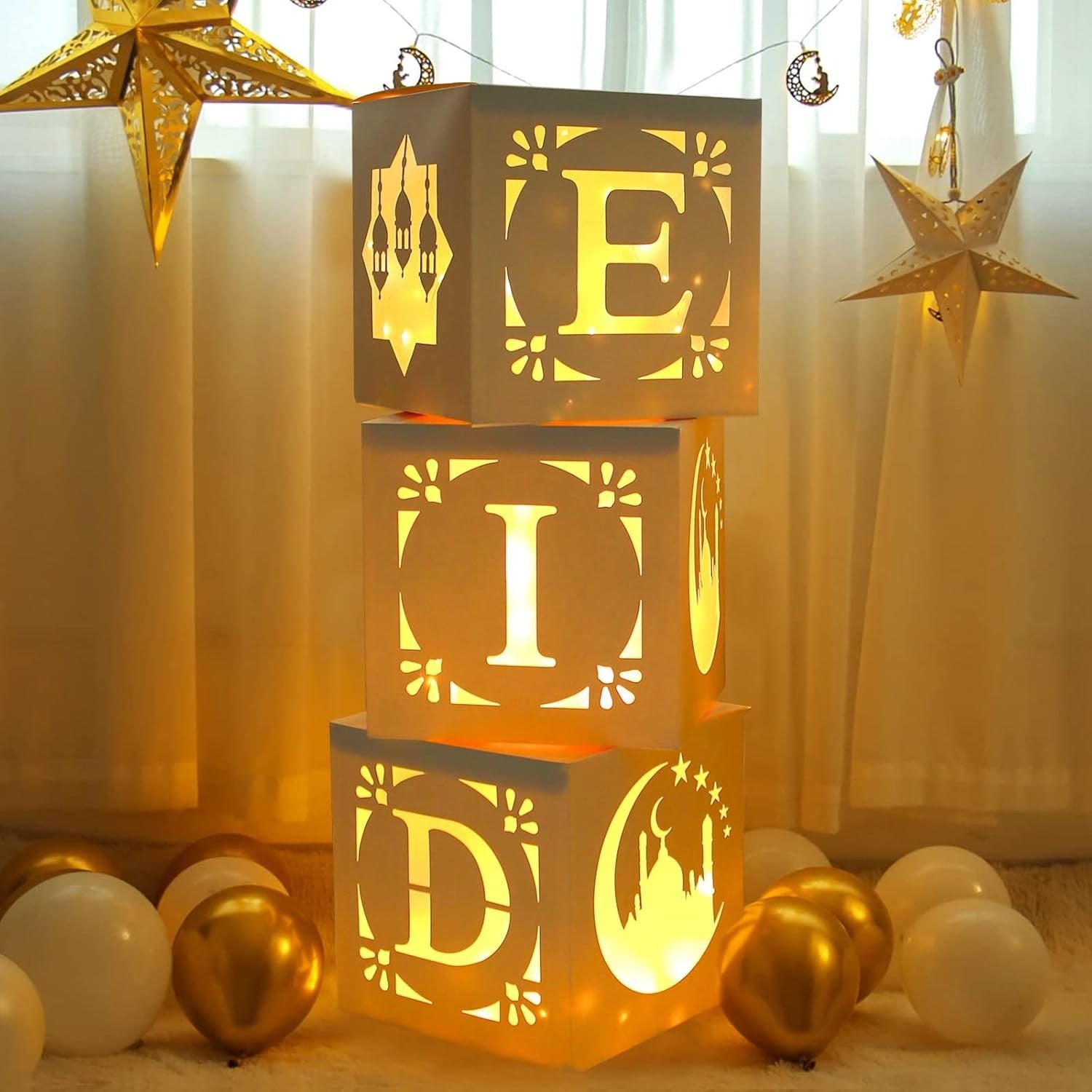 Eid Decorations Home 3Pcs White Boxes String Lights Ramadan Mubarak Printed New