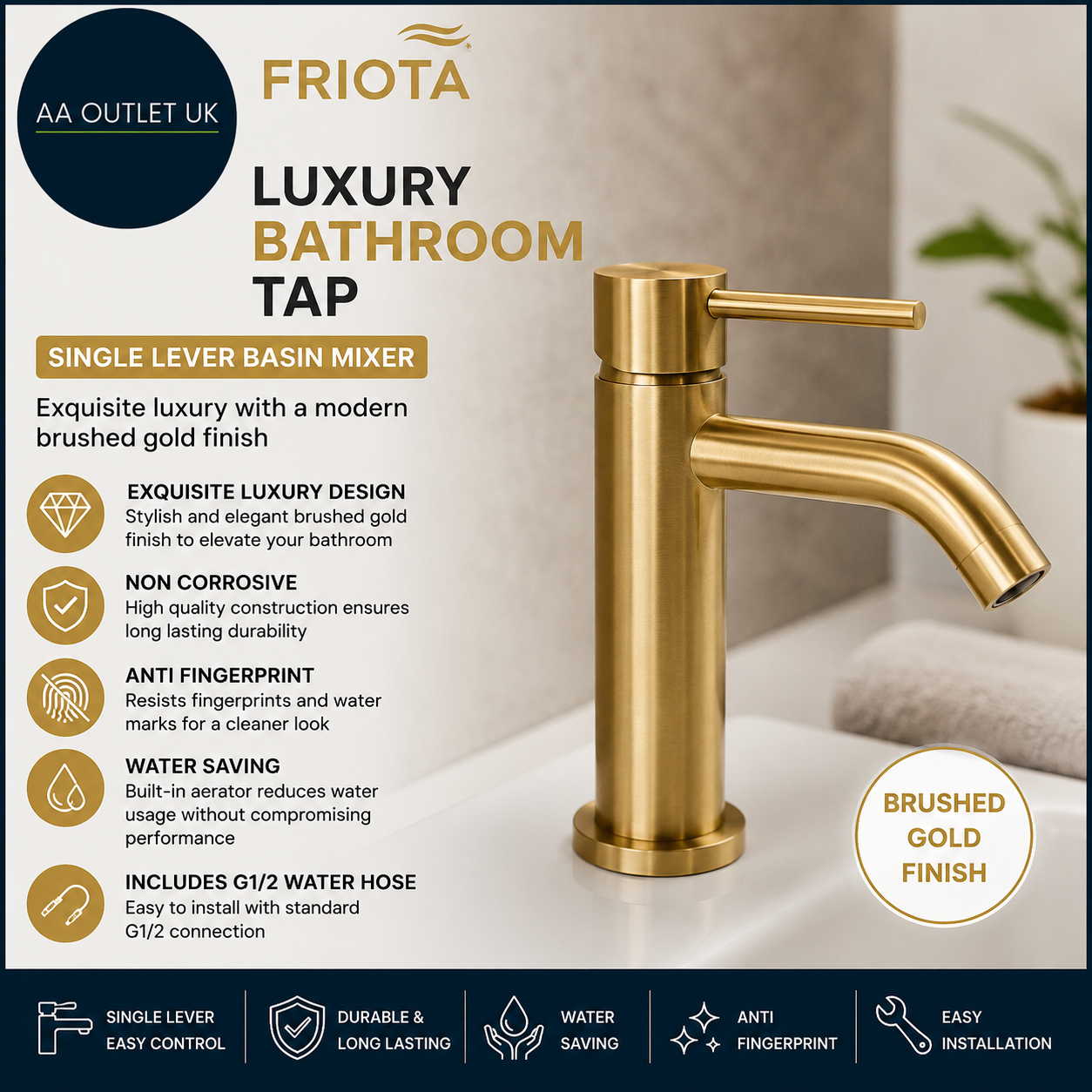Friota Gold Bathroom Taps Single Lever Exquisite Luxury Non Corrosive Mono Basin