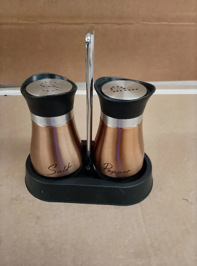 HZPZPP  Salt Pepper Shakers Holder Set 2 Stainless Steel Glass Gold New