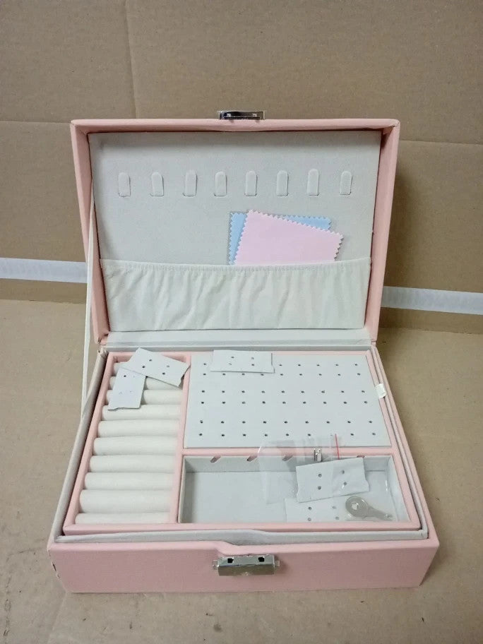 TEIVUL Jewellery Box 2Layer PU Leather Organiser Accessories 2Keys Pink