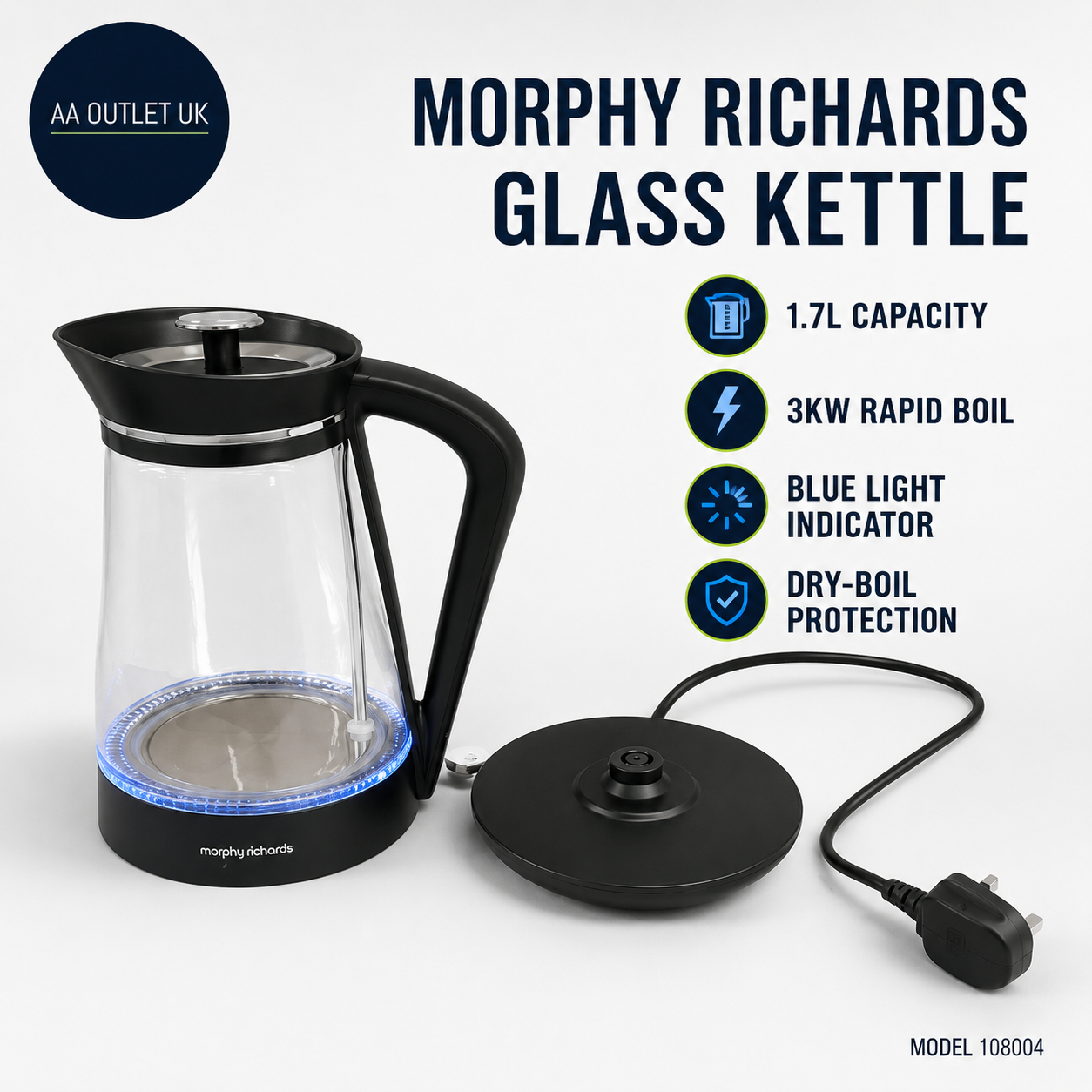 Morphy Richards Glass Kettle 1.7L Illuminated Premium Glass 3kw Rapid Boil
