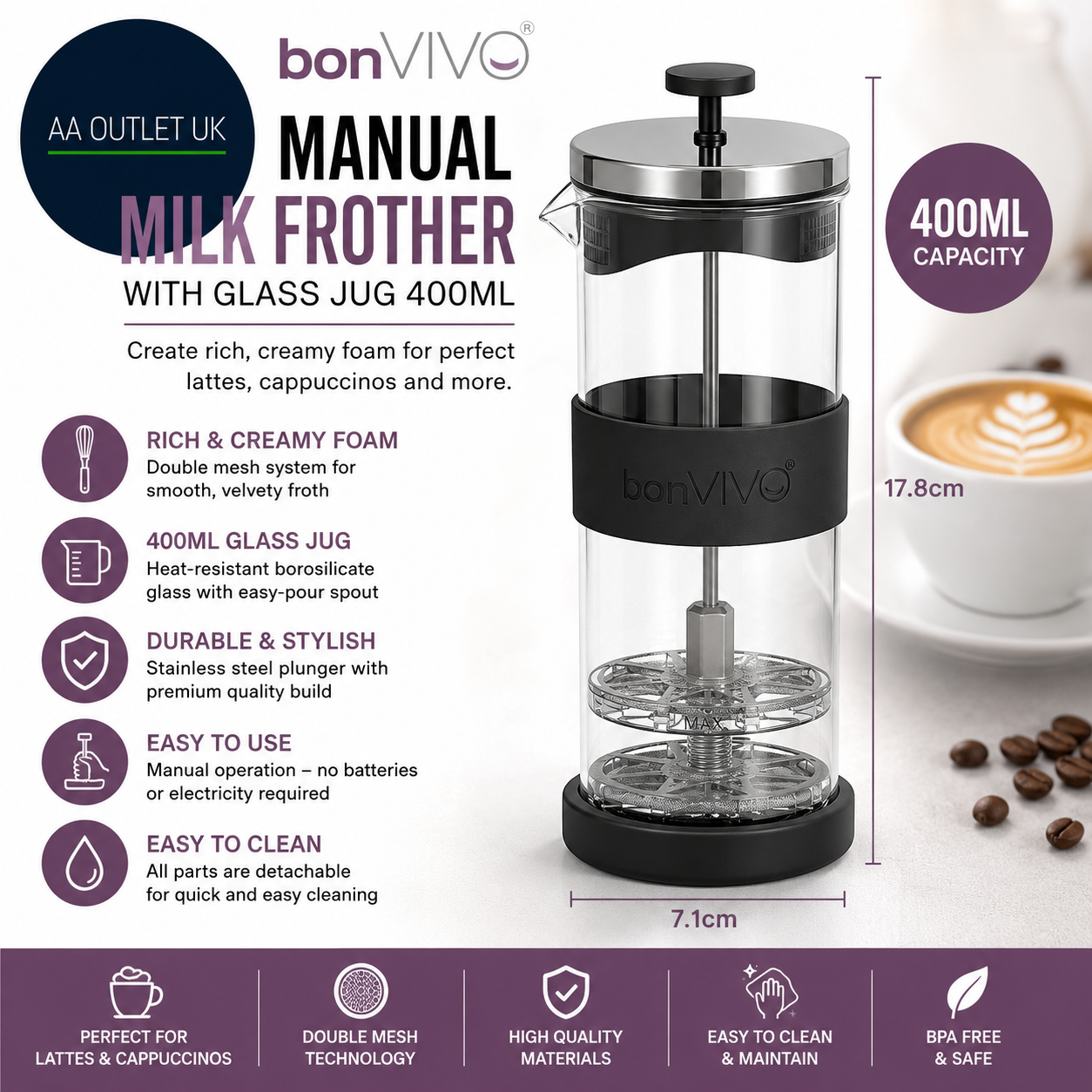 Bonvivo Manual Milk Frother Glass Jug 400ml Handheld Stainless Steel