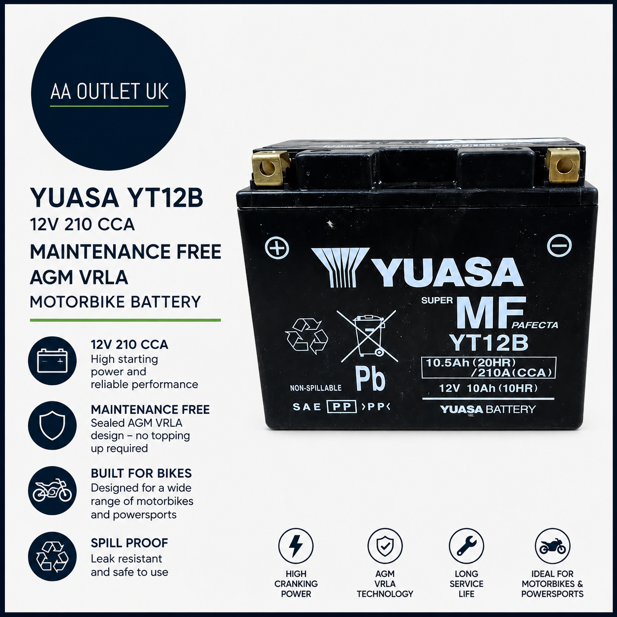 Yuasa YT12B 12V 210 CCA Maintece Free AGM VRLA Motorbike Battery Black