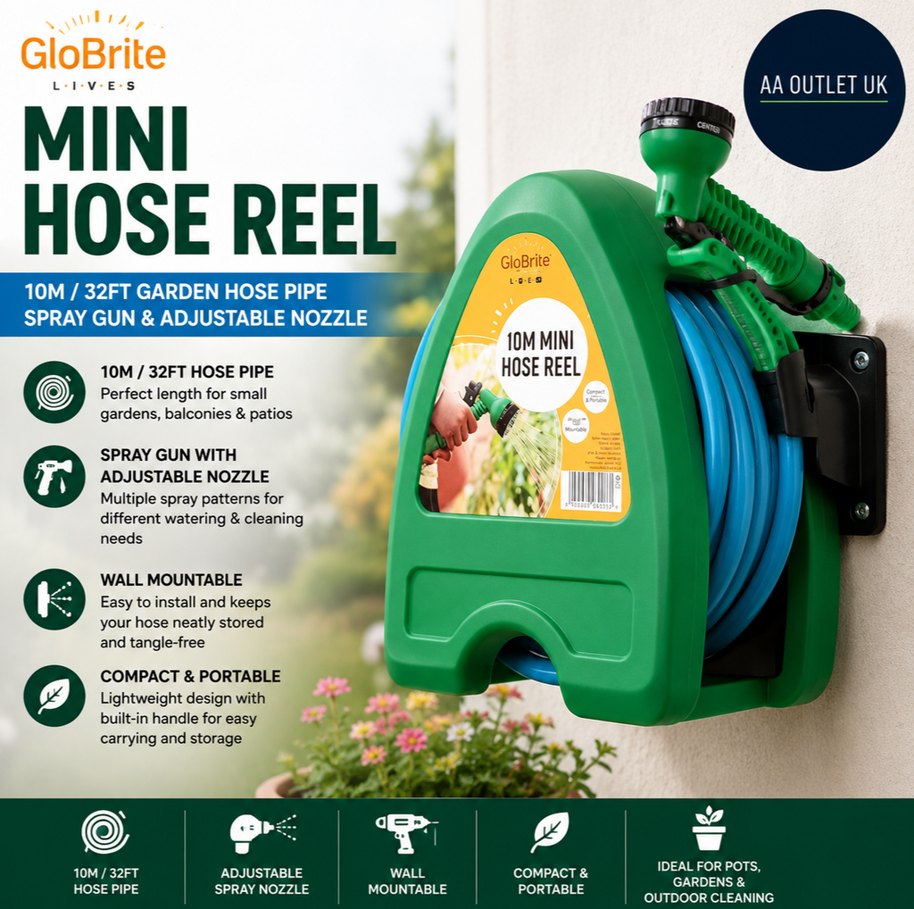 GloBrite Mini Hose Reel 10m Garden Pipe Spray Gun Wall Mount Compact Durable
