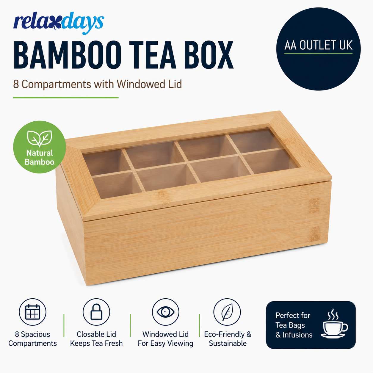 Relaxdays Bamboo Tea Box 8 Compartments Tea Bag Chest Wooden Closable Lid