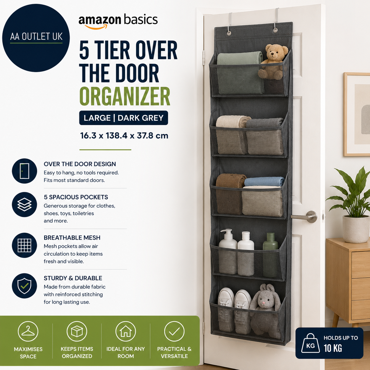 Amazon Basics 5 Tier Over The Door Organizer Large 16.3x138.4x37.8cm Grey