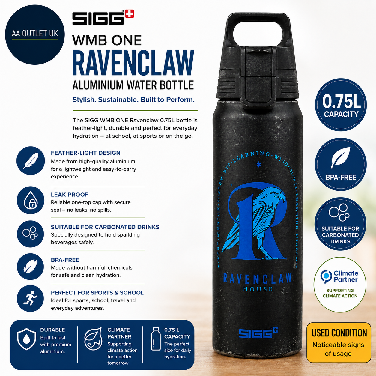 Sigg Aluminium Water Bottle WMB One Ravenclaw Climate Partner Leak Proof 750ml