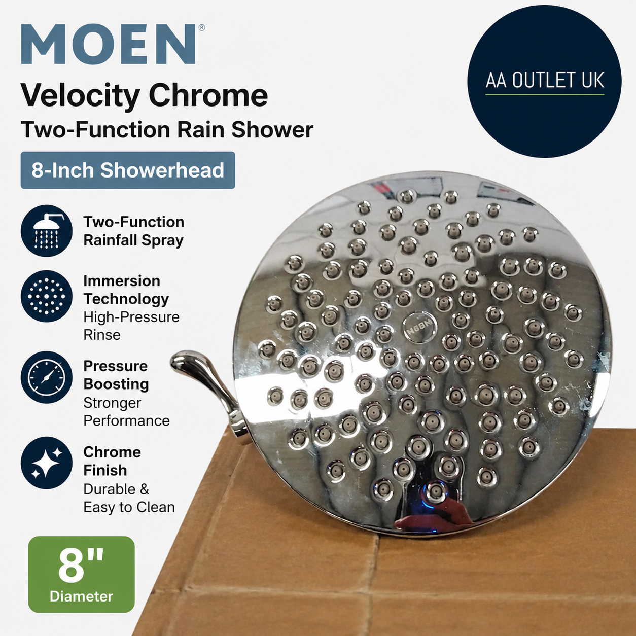 Moen Velocity Chrome Two Function Rain Shower 8in Showerhead Immersion S6320