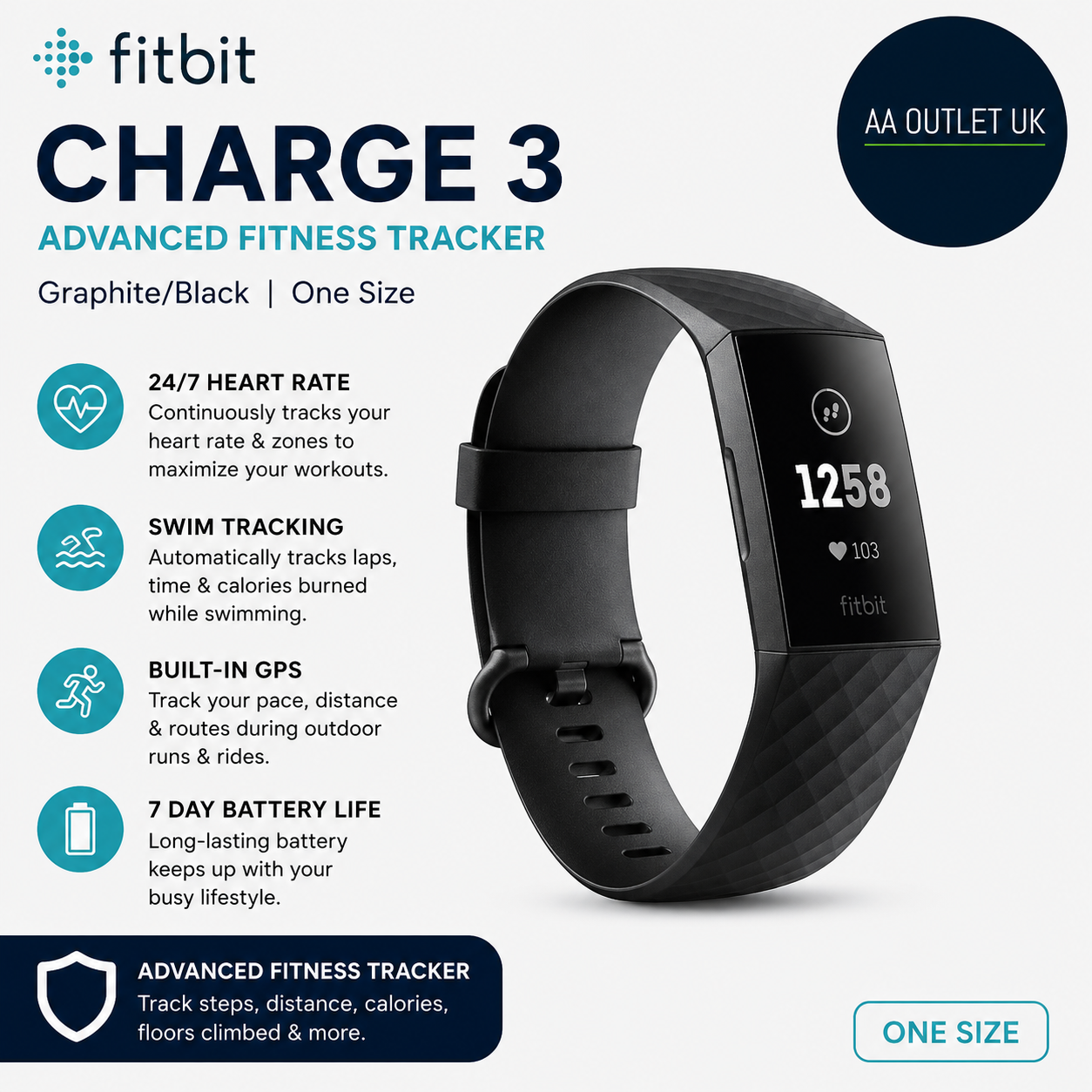 Fitbit Charge 3 Advanced Fitness Tracker Heart Rate Calorie Swim Sleep 19in