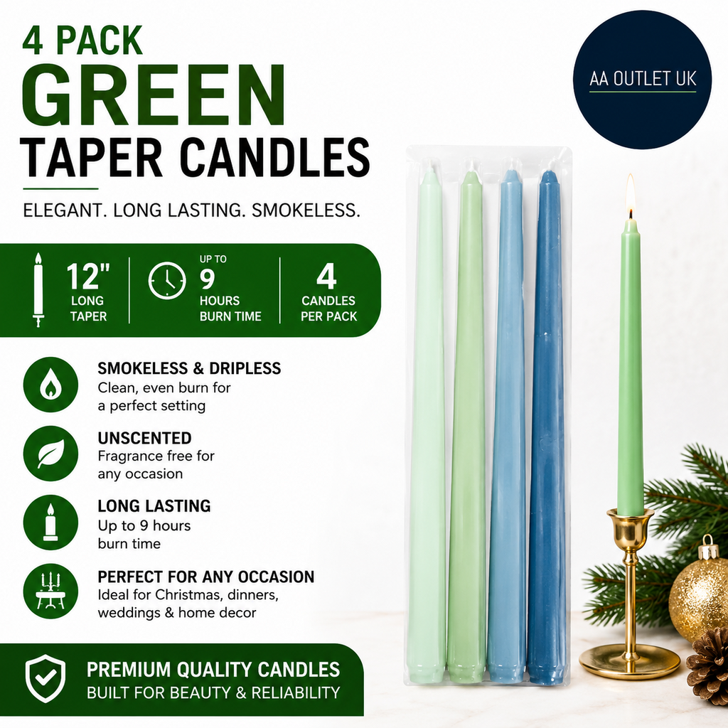 4 Pack Green Taper Candles 12" Longer Sticks Smokeles Dripless Unscented 9 hours