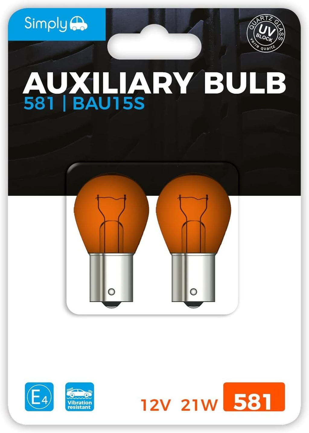 Simply S581BL 581 2 Pack  Auxiliary Bulb Blister 12V 21W Base BAU15S Amber New