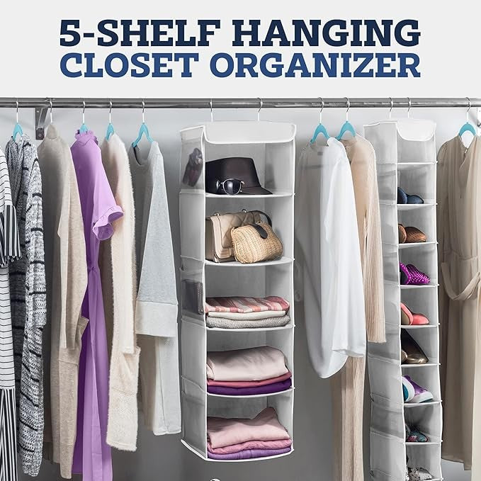 2 Pack Hanging Wardrobe Organiser 5 Tier Hanging Shelves Durable Metal Hooks