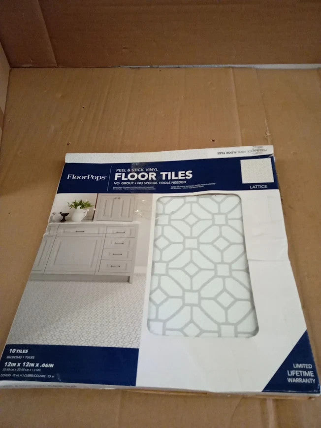 FloorPops FP2946 Lattice Peel Stick Floor Tiles White Off White 12x12in New