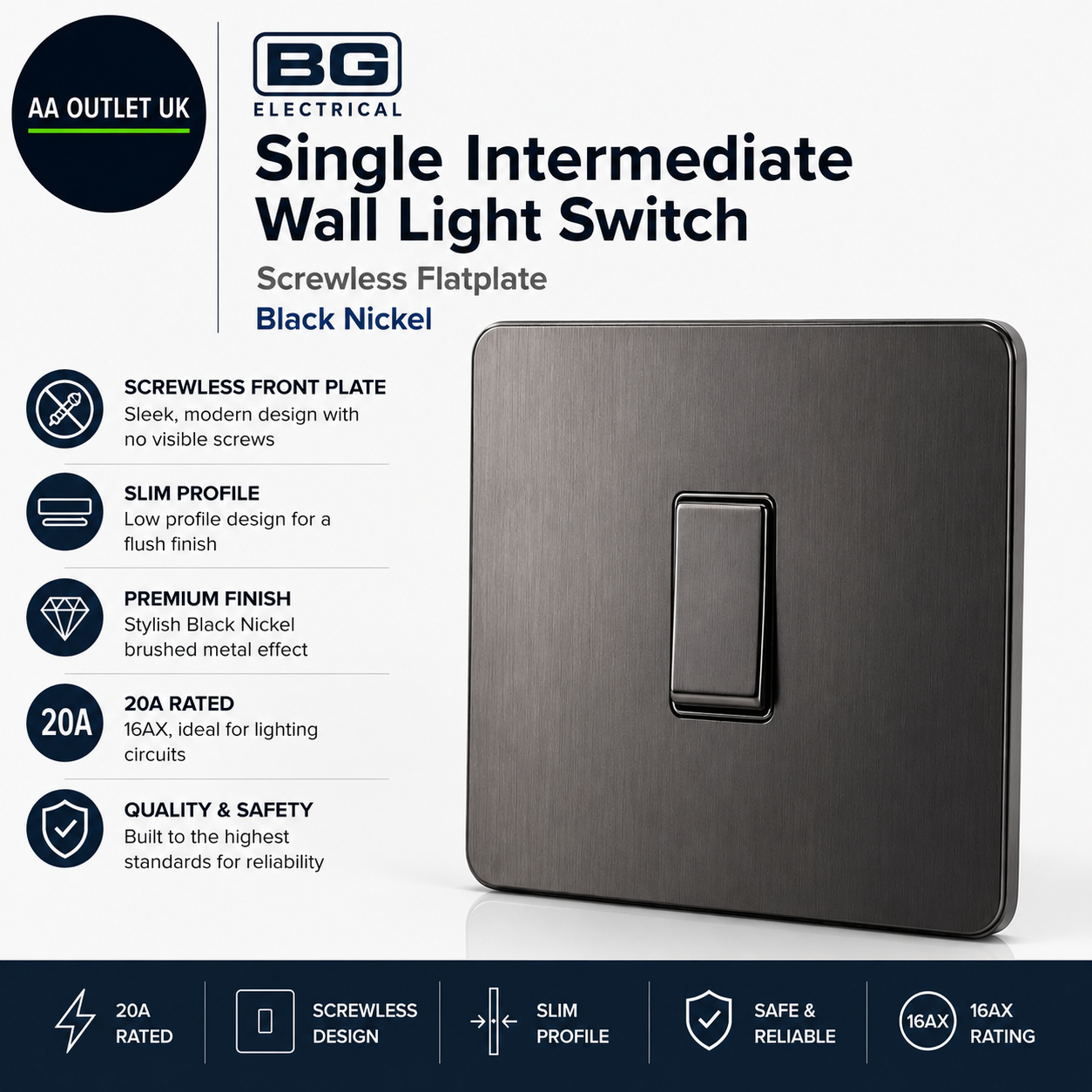 BG Electrical Single Intermediate Wall Light Switch Screwless Front Plate Slim