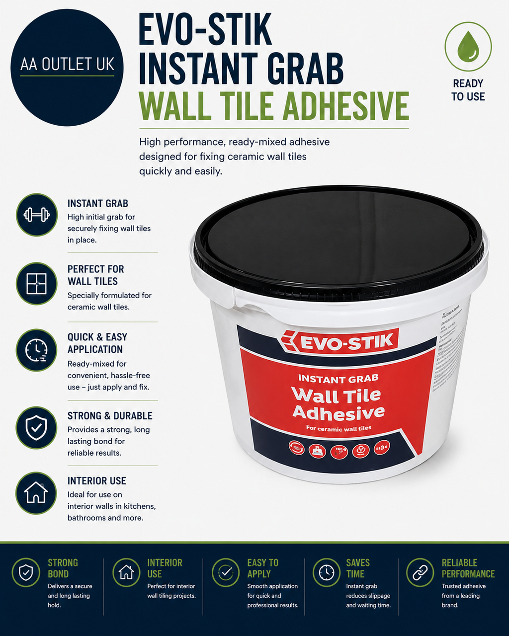Evo Stik Wall Tile Adhesive Ready Mixed High Strength Instant Grab Economy Size
