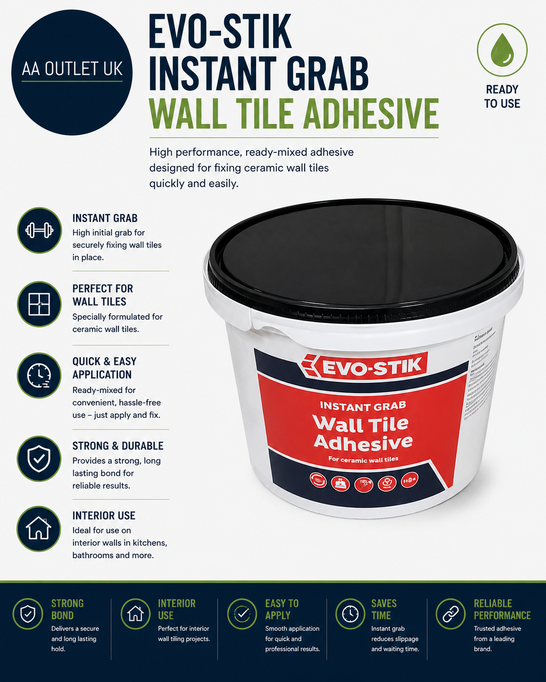 Evo Stik Wall Tile Adhesive Ready Mixed High Strength Instant Grab Economy Size