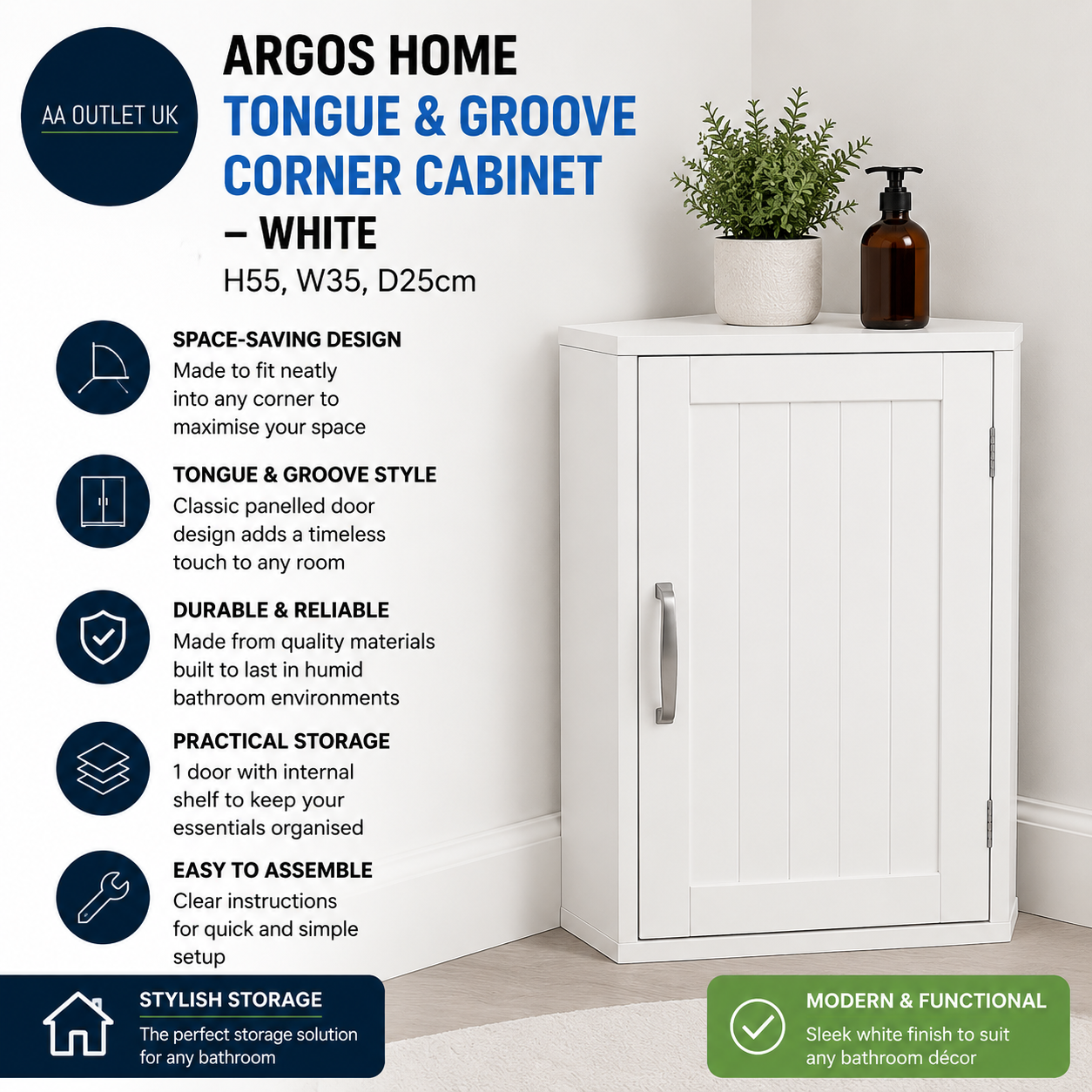 Argos Home Tongue Groove Corner Cabinet White 55x35x25cm
