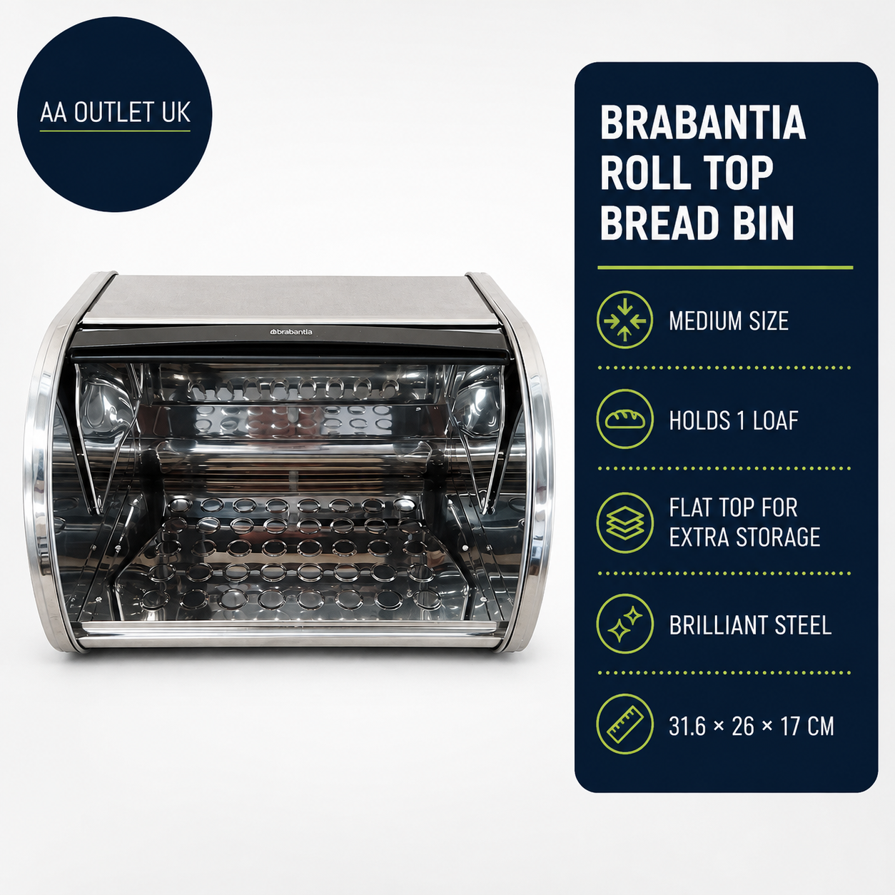 Brabantia Roll Top Bread Bin Medium Canister 1 Loaf Bread Storgae 31.6x26x17cm